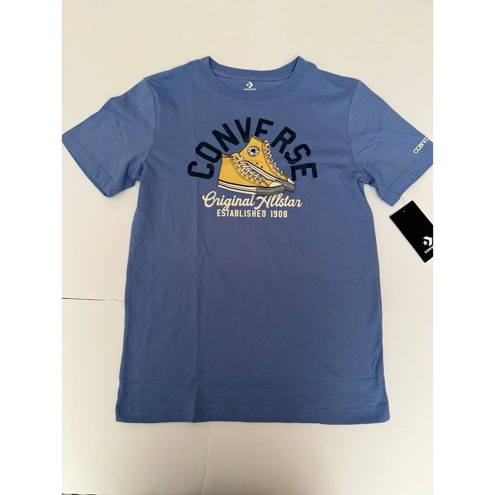 Converse Boys Large T-Shirt Yellow Sneakers Graphic Blue Retro Allstar Kids NWT